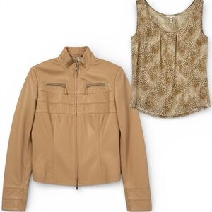 Escada Leather Jacket Lambskin & 100% Silk Leopard Tank Set – Size 38 (US 8)